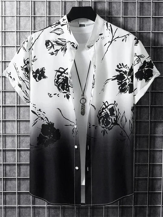 Stylish men's summer beachwear: a floral print Hawaiian shirt with a loose, comfortable fit.