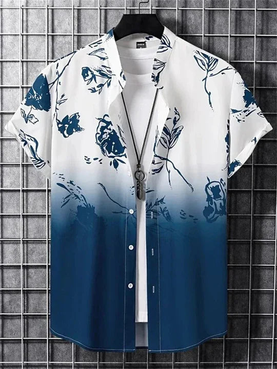 Men's tropical floral button-down shirt, featuring a vibrant 3D flower print for summer.