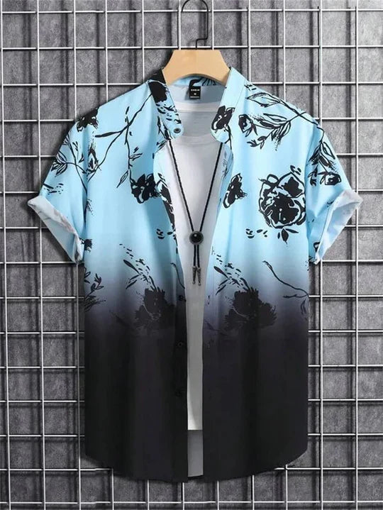 Tropical men's floral print button-down shirt; perfect for vacation & casual summer outfits.