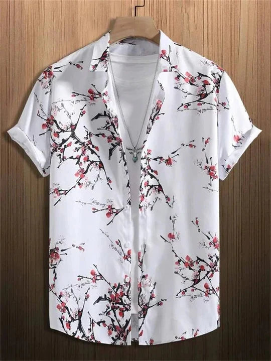 Stylish men's vibrant floral Hawaiian shirt; a loose fit button-down for tropical holidays.