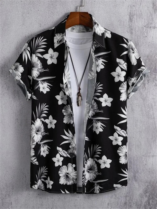 Vibrant men's floral print summer shirt with button-down design, perfect for holiday & beach.