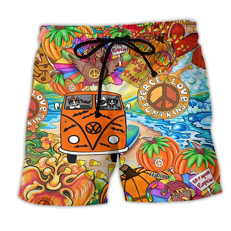 Quick-dry men's swim shorts with a bold, colorful graffiti print. Features an adjustable fit for summer beachwear.