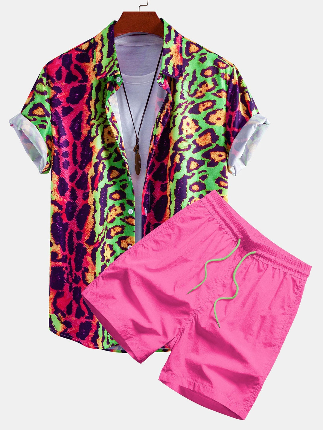 Men's vibrant hot pink leopard print shirt & swim shorts summer set. Perfect for beach & resort wear.