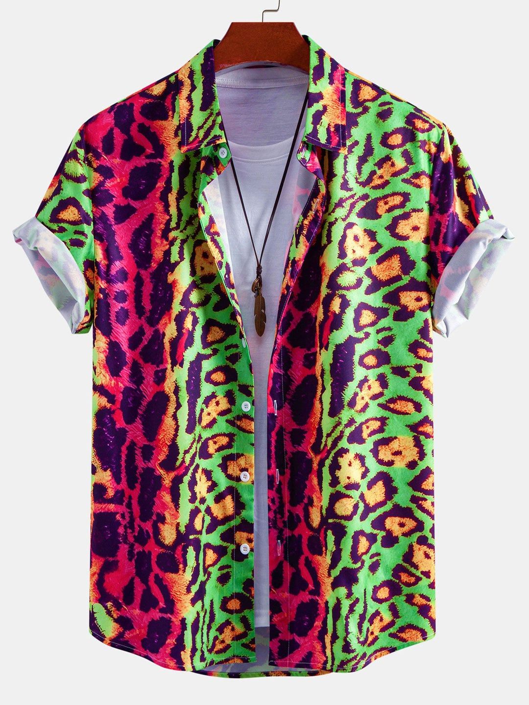Men's leopard print casual shirt and matching swim shorts. Stylish two-piece animal print summer outfit.