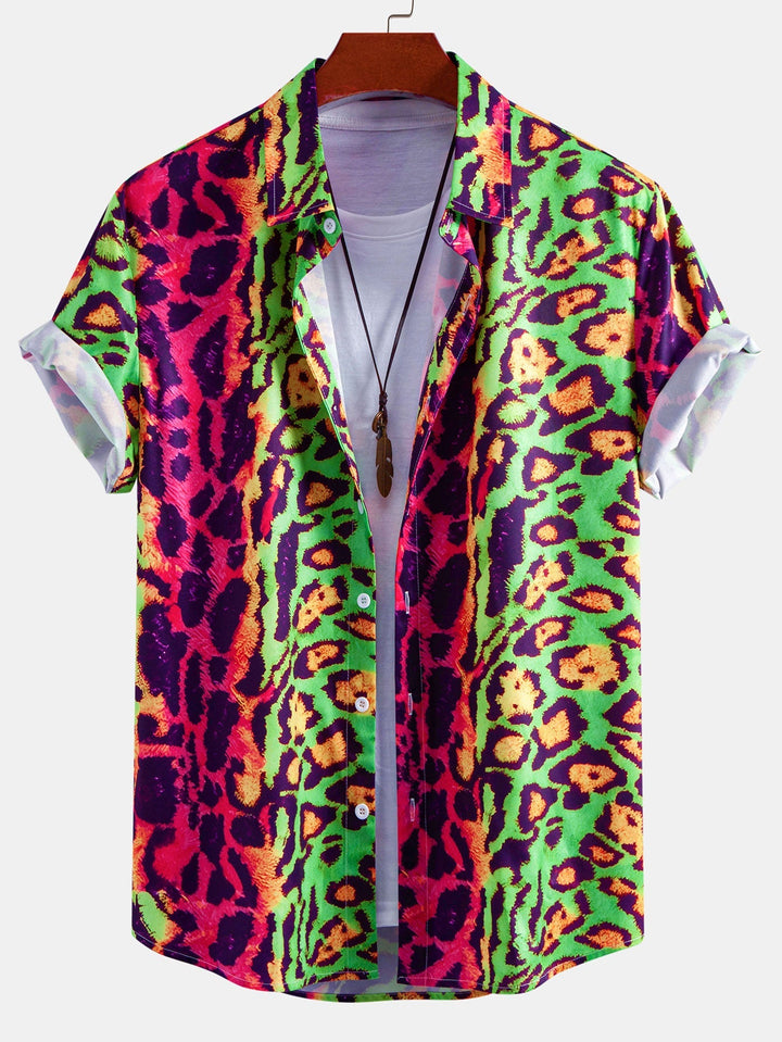 Men's leopard print casual shirt and matching swim shorts. Stylish two-piece animal print summer outfit.