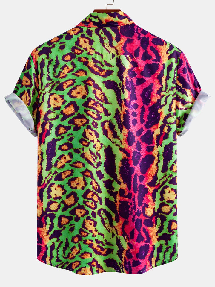 Men's hot pink leopard print beachwear set: short-sleeve shirt & swim shorts for vibrant summer vacations.