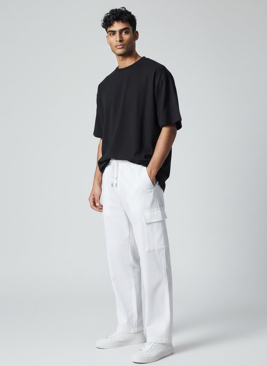 White Victor Men's relaxed fit multi-pocket pants. Breathable straight leg design for versatile summer & spring wear.