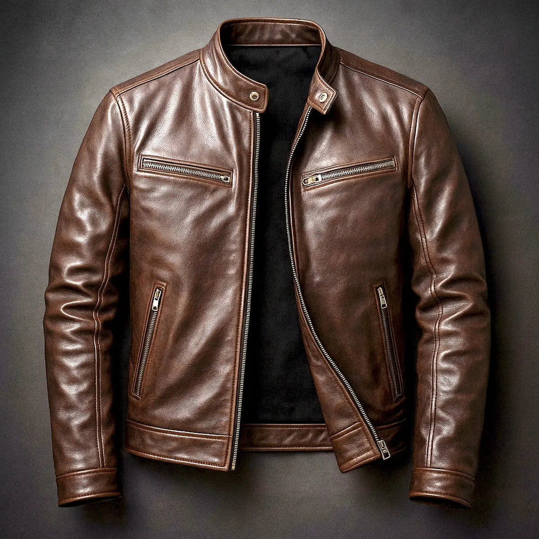 Men's vintage biker jacket, quilted faux leather, zip-up. Stylish casual outerwear for everyday fashion.