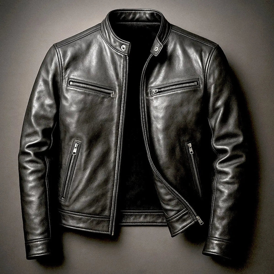 Stylish men's quilted faux leather jacket with a vintage biker design and front zip closure.