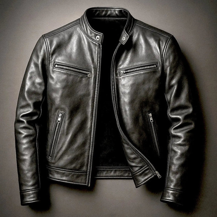 Stylish men's quilted faux leather jacket with a vintage biker design and front zip closure.