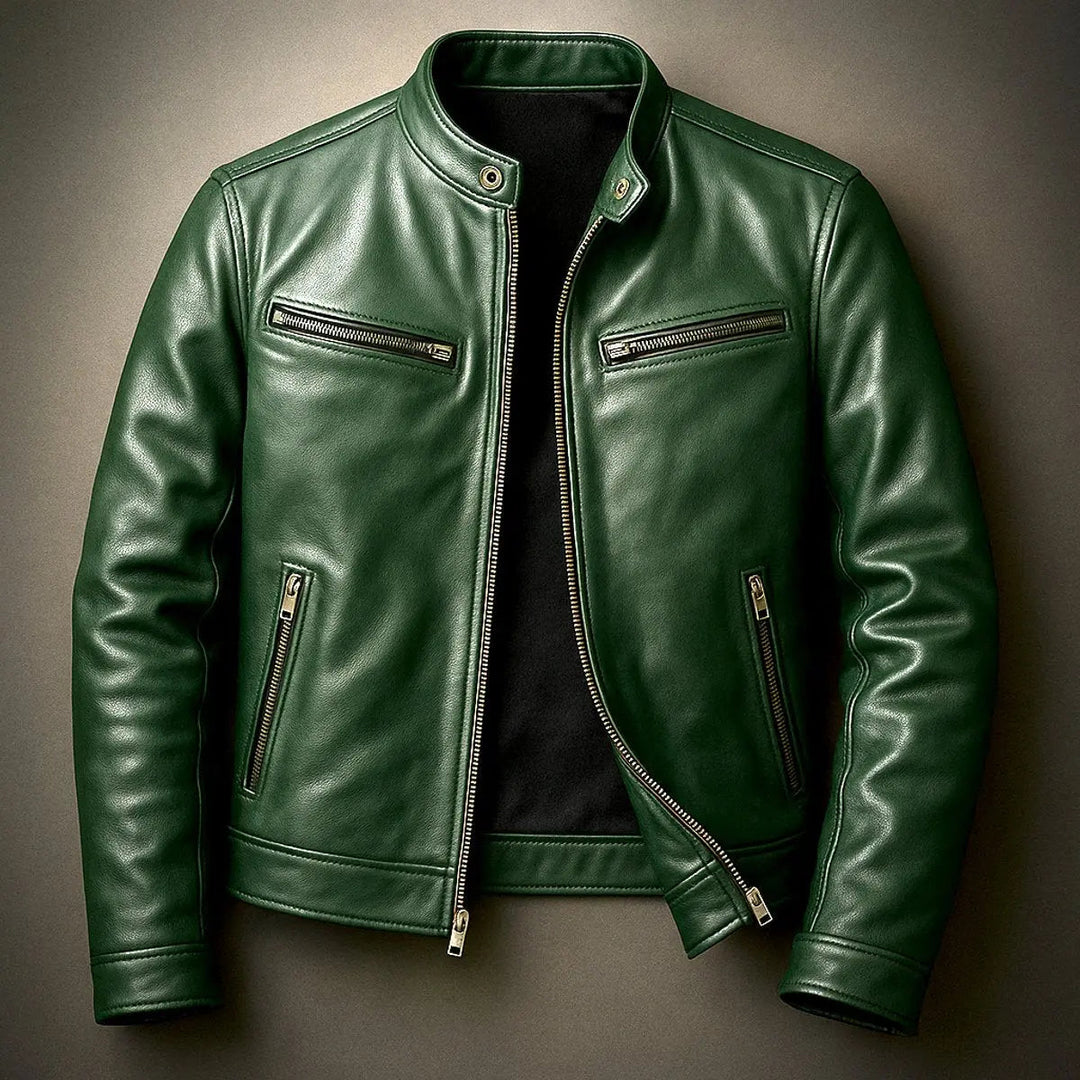 Classic men's vintage biker jacket in quilted faux leather. Features a practical zip-up front and stylish design.