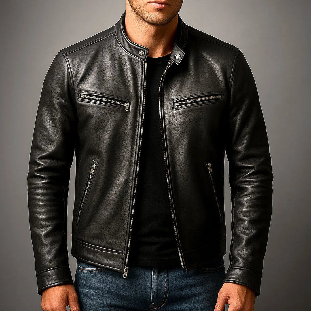 Everyday men's quilted biker jacket. Vintage style faux leather zip-up coat, ideal for casual outerwear.
