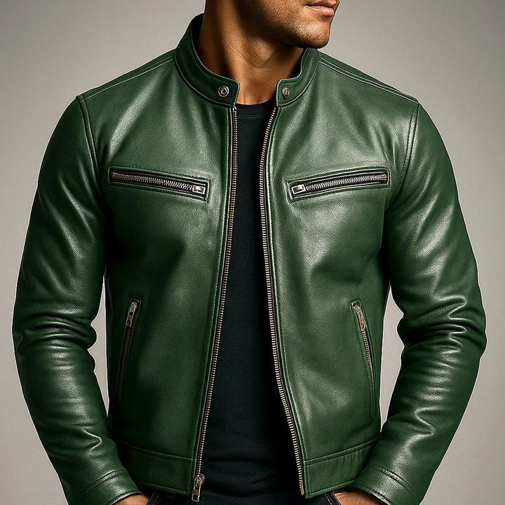 Fashionable men's vintage quilted biker jacket. Faux leather zip-up design, perfect for casual outerwear.