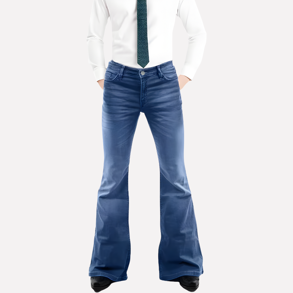 Men's vintage blue flared jeans, 70s retro style bell bottoms for comfortable casual fashion