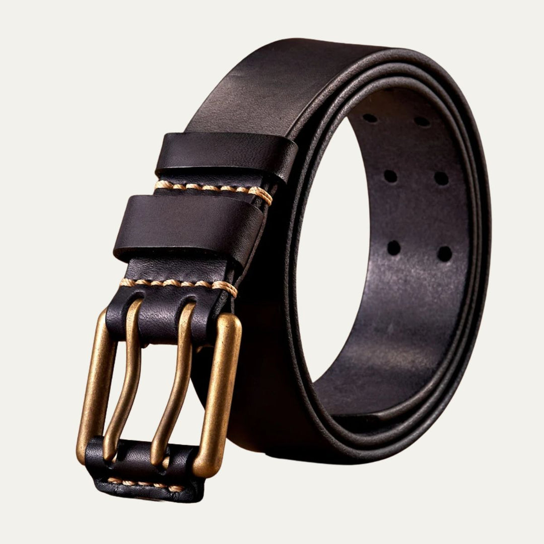 Men's vintage brown leather belt with antique double-pin buckle for rugged casual style.