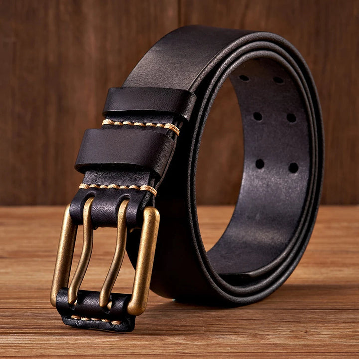 Rugged men's cowhide leather belt, vintage design, with a unique double-pin antique buckle.
