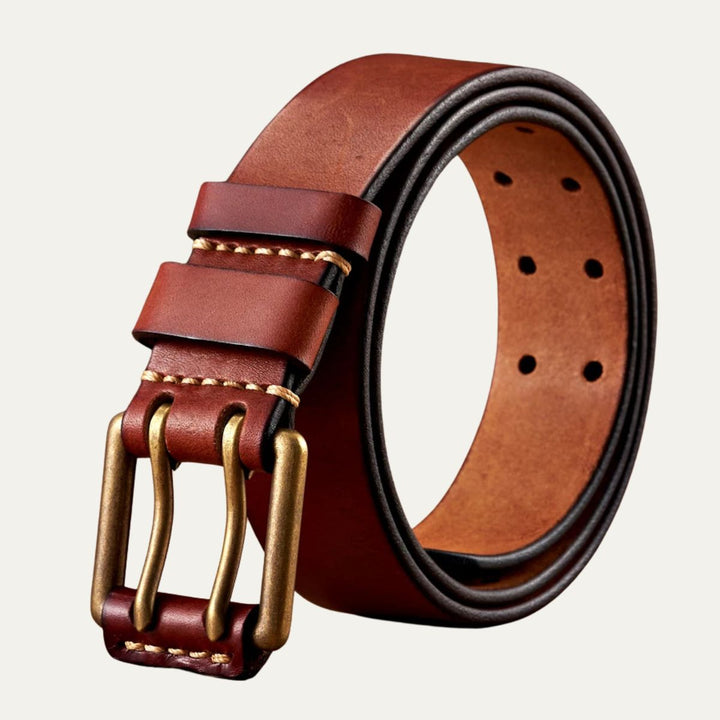 Stylish men's vintage leather belt, high-quality cowhide with an antique double-pin buckle accessory.