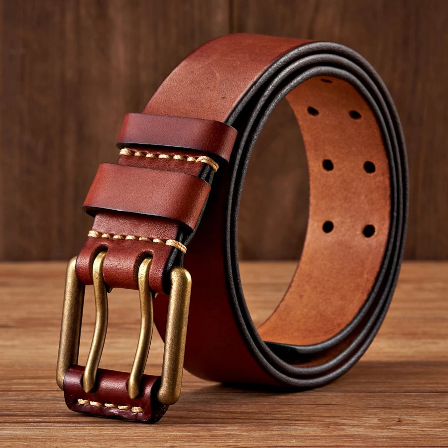 Classic men's vintage brown leather belt with a rustic double-pin antique buckle, perfect for casual wear.
