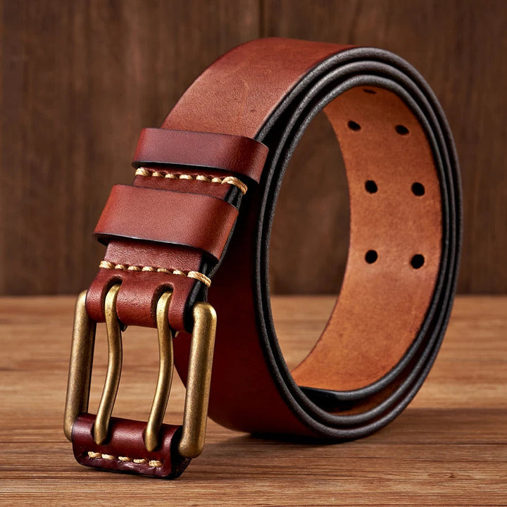 Classic men's vintage brown leather belt with a rustic double-pin antique buckle, perfect for casual wear.