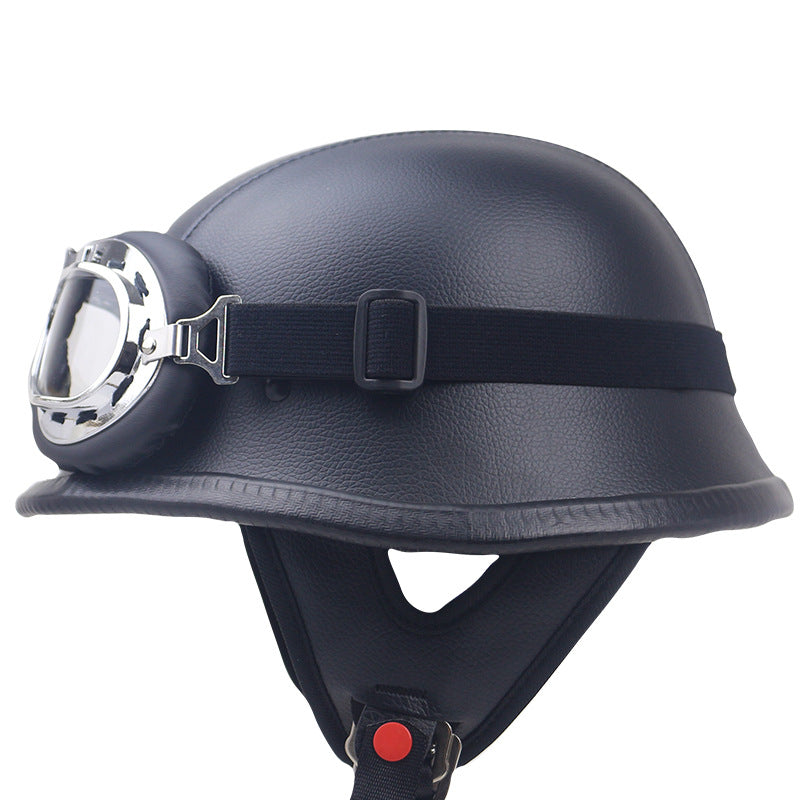 Protective men's retro cruiser helmet with durable leather and clear vision goggles.
