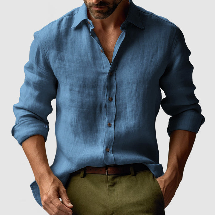 Breathable men's vacation shirt, vintage button-up for warm weather casual wear.