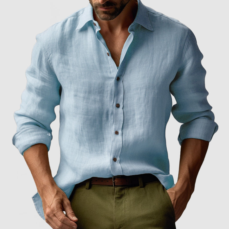 Relaxed fit men's vintage button-up shirt, comfortable & breathable for summer style.