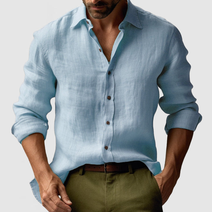 Relaxed fit men's vintage button-up shirt, comfortable & breathable for summer style.