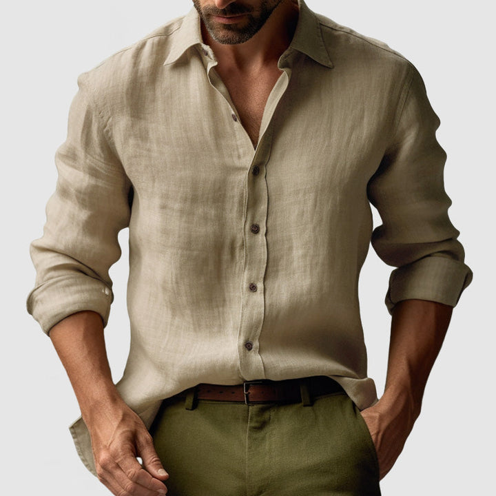 Men's vintage button-up top, relaxed fit for summer fashion, breathable casual wear.