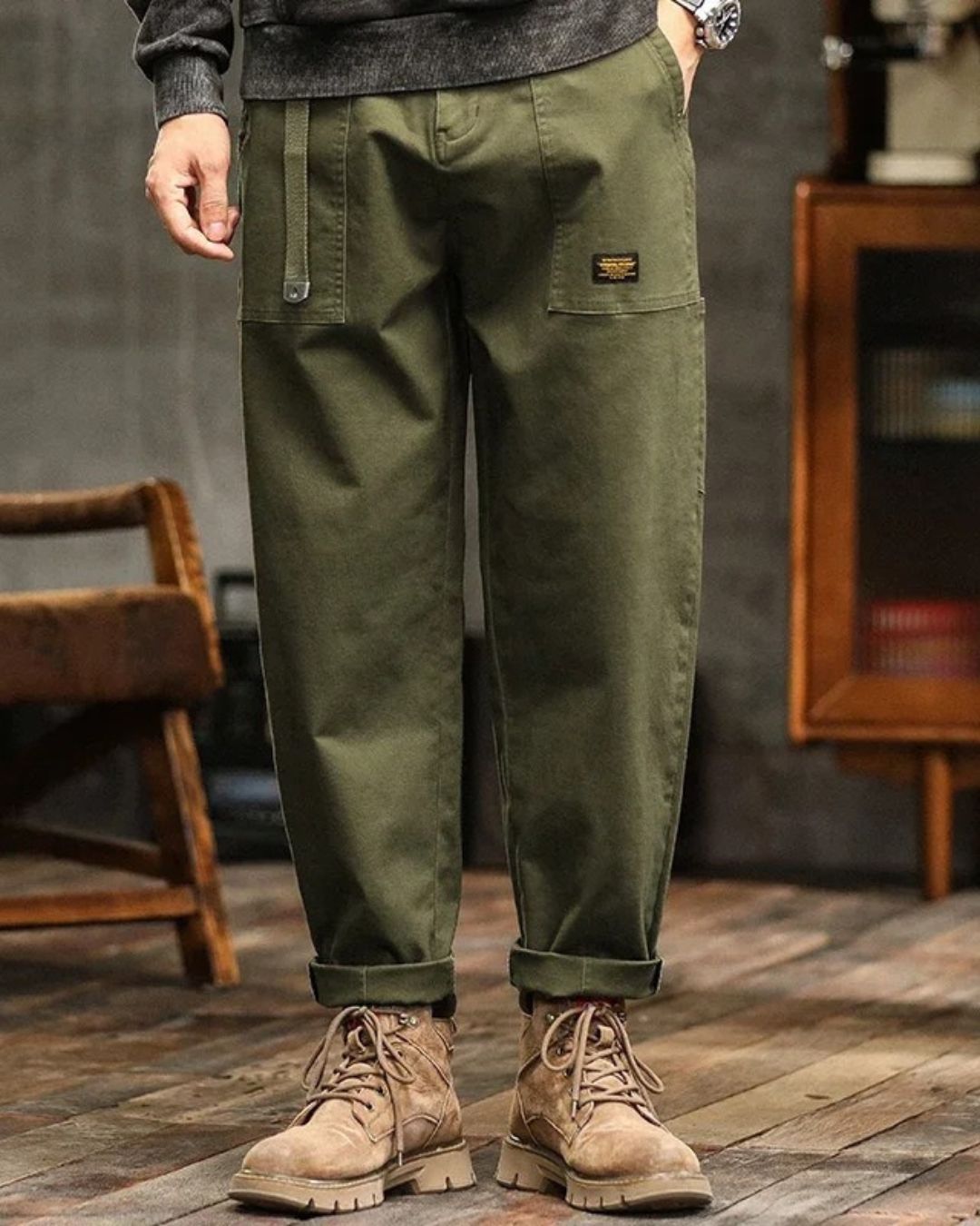 Men's vintage cargo pants with multiple utility pockets, relaxed fit, perfect for streetwear & casual style.