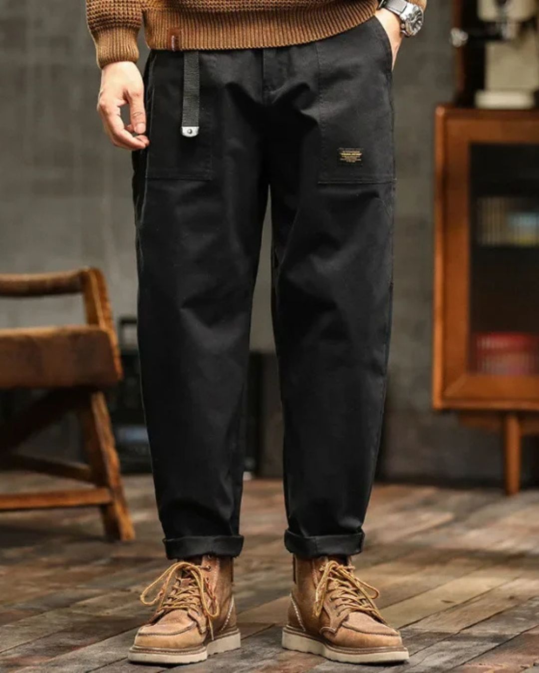 Blue men's vintage cargo pants featuring spacious utility pockets & relaxed fit, great for casual or streetwear.