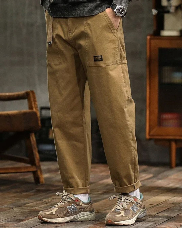 Stylish men's vintage cargo pants, relaxed fit casual trousers with practical utility pockets, available in multiple colors.
