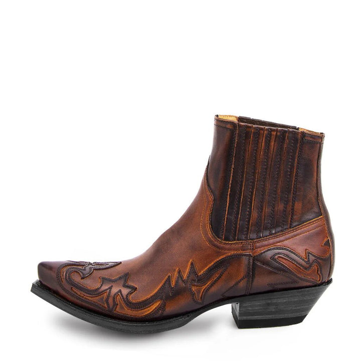 Rugged men's vintage leather cowboy boots featuring classic stitched details and an authentic timeless western design.
