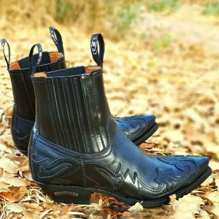 Classic men's vintage cowboy boots with intricate stitching, perfect for a rugged western look and everyday fashion.