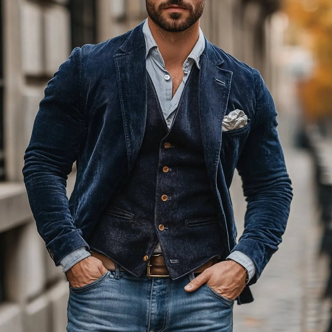 Men's vintage layered gilet & blazer set. Stylish waistcoat jacket for a smart casual autumn look.