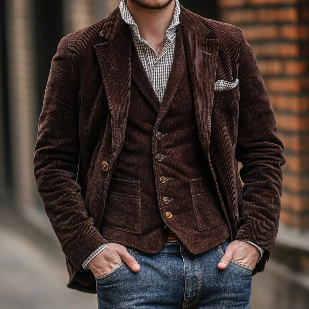 Sophisticated men's vintage blazer and waistcoat gilet set. Tailored layered jacket, timeless elegance.