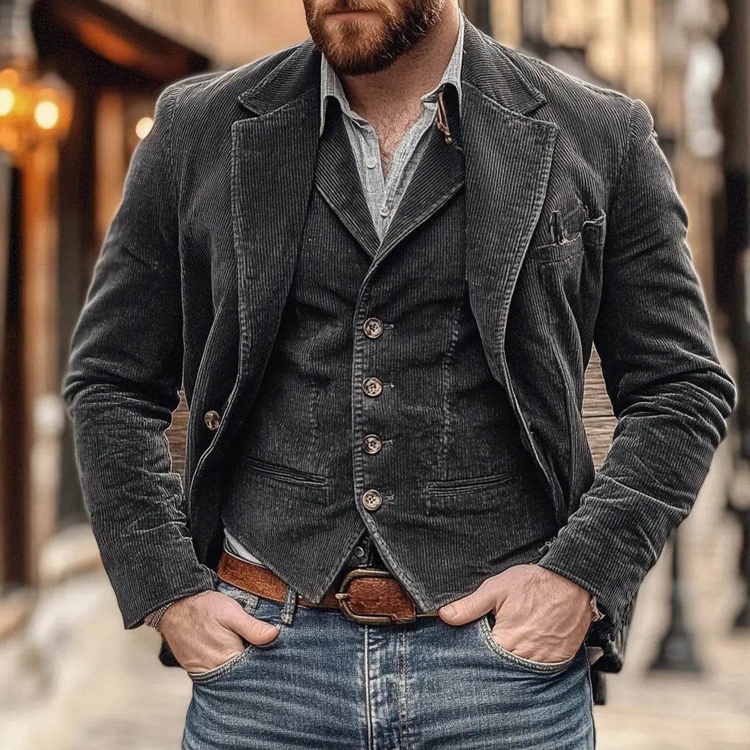 Men's autumn winter layered gilet & blazer. Smart casual vintage waistcoat jacket for a sophisticated look.