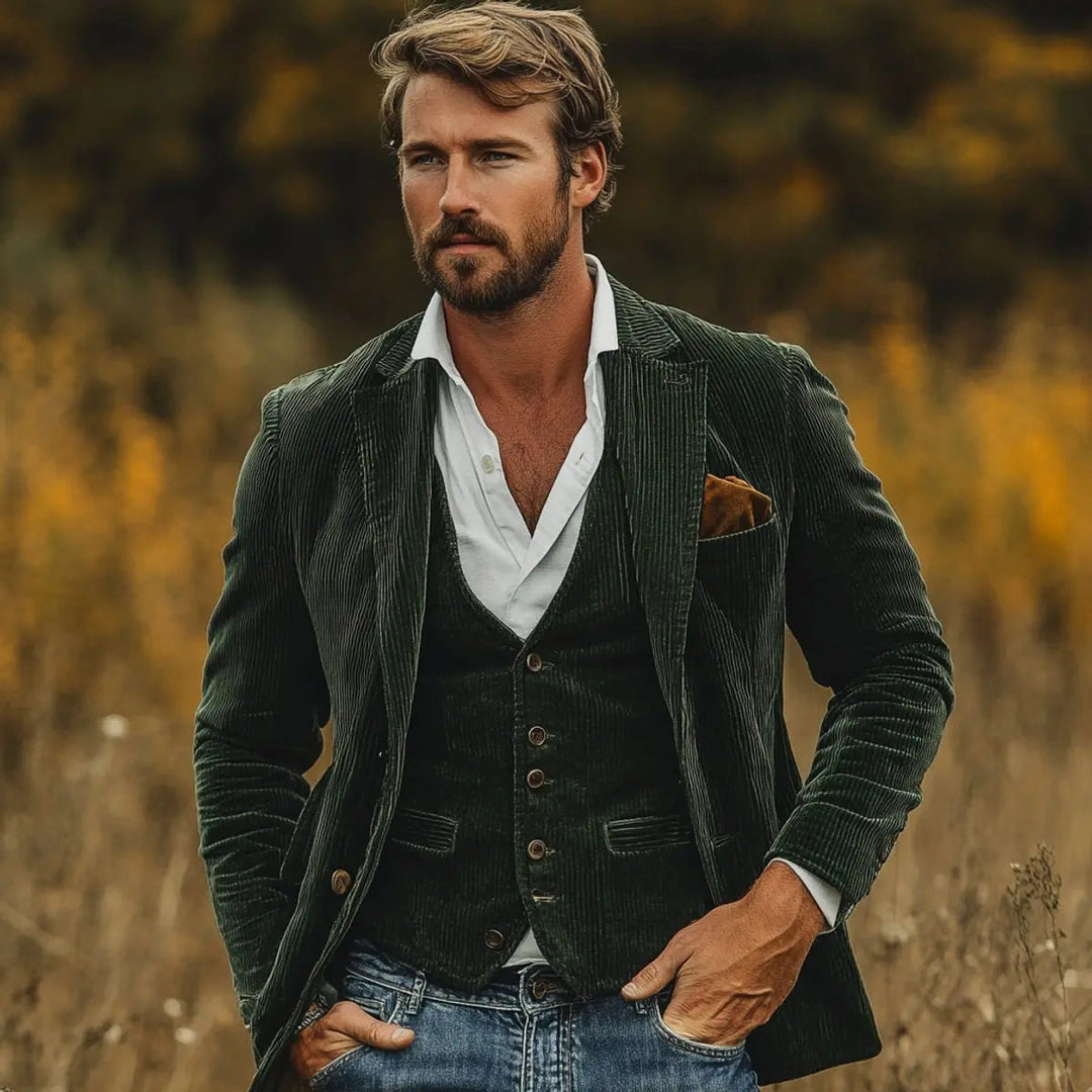 Stylish men's vintage layered blazer & gilet set. Elegant waistcoat jacket for smart casual fashion.