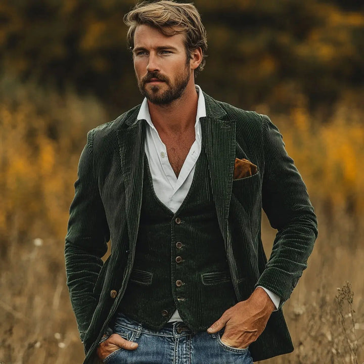 Stylish men's vintage layered blazer & gilet set. Elegant waistcoat jacket for smart casual fashion.