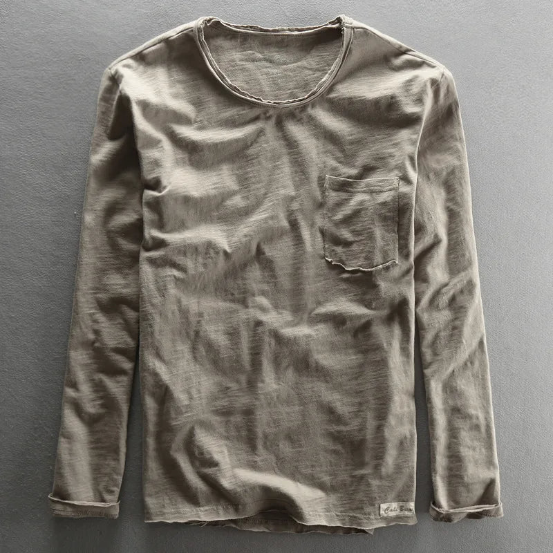 Men's vintage long sleeve crew neck tee made from soft bamboo cotton for comfortable casual fall wear.