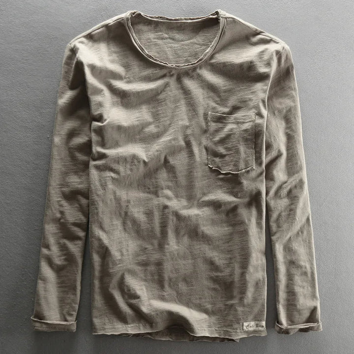 Men's vintage long sleeve crew neck tee made from soft bamboo cotton for comfortable casual fall wear.