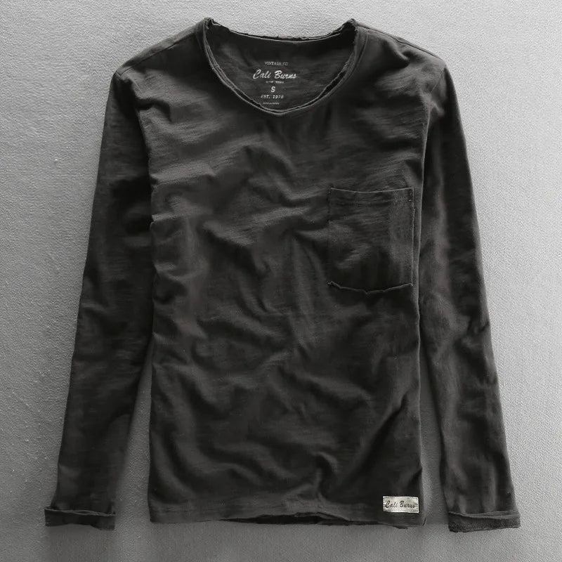 Close-up of the comfortable men's vintage bamboo cotton long sleeve tee, perfect for stylish fall fashion.