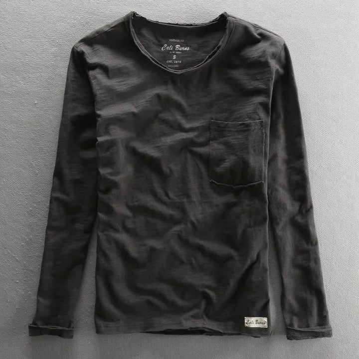 Close-up of the comfortable men's vintage bamboo cotton long sleeve tee, perfect for stylish fall fashion.