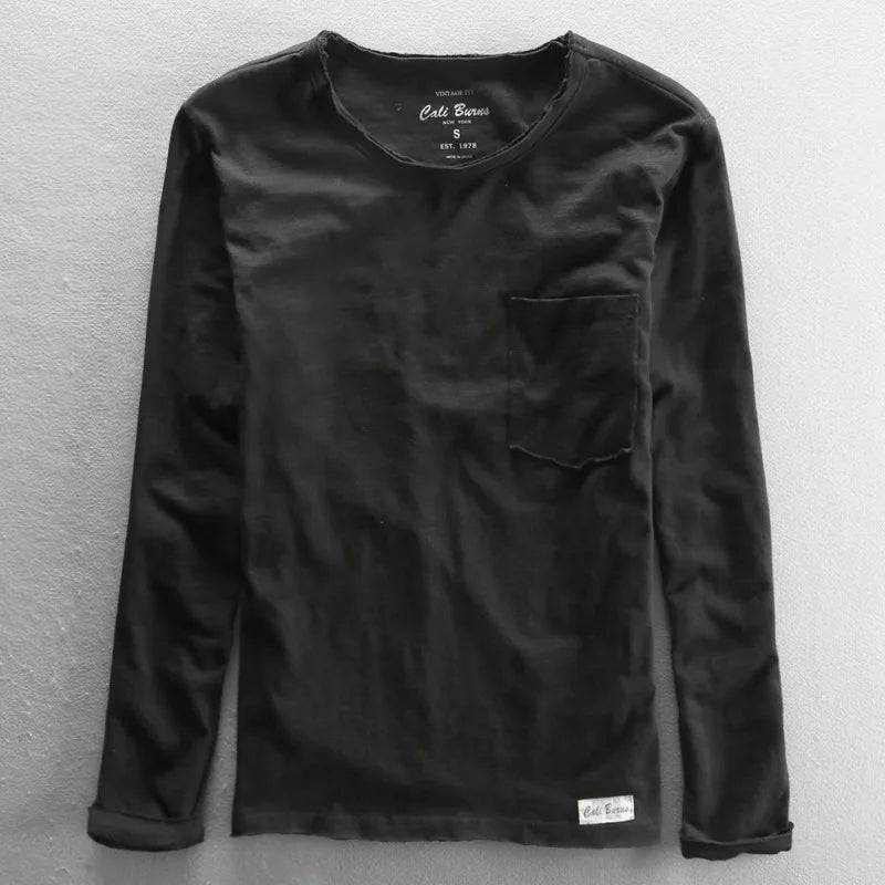 Back view of the men's basic vintage long sleeve crew neck shirt, a versatile and comfortable top for everyday.