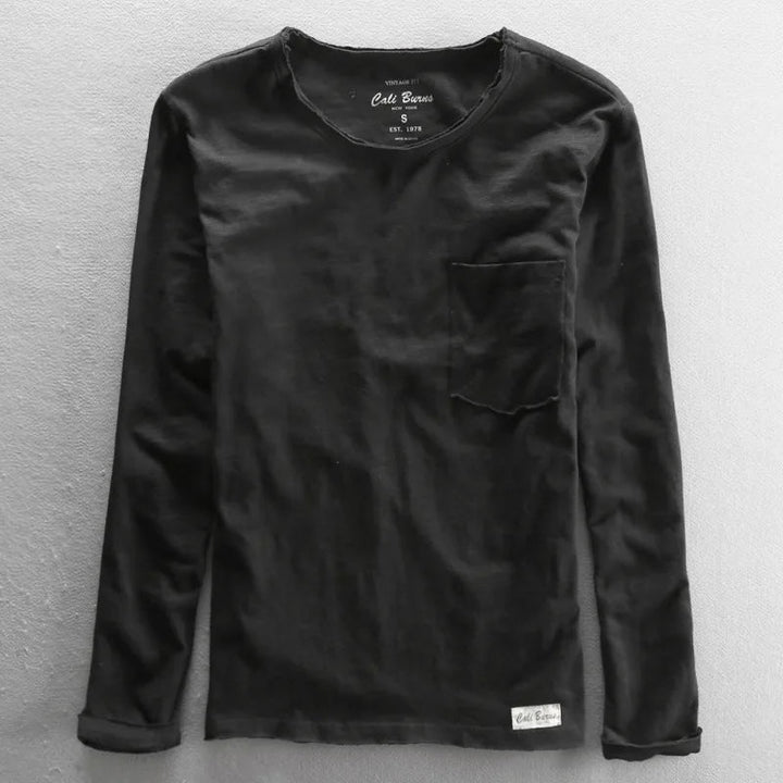 Back view of the men's basic vintage long sleeve crew neck shirt, a versatile and comfortable top for everyday.