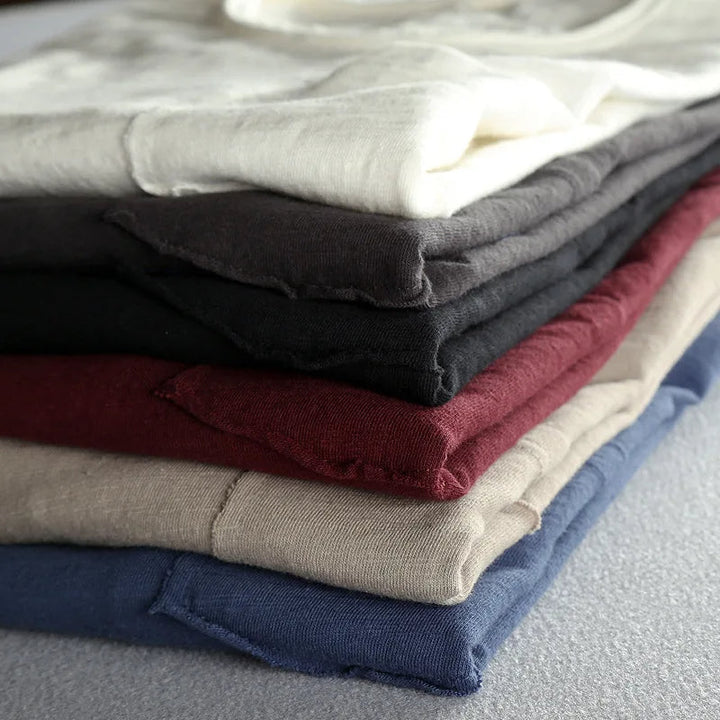 Soft bamboo cotton fabric detail of a men's vintage long sleeve crew neck shirt, showcasing comfort and quality.