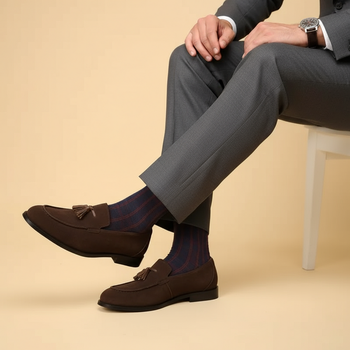 Classic brown men's slip-on loafers. Vintage style dress shoes with comfortable, anti-slip sole for men.