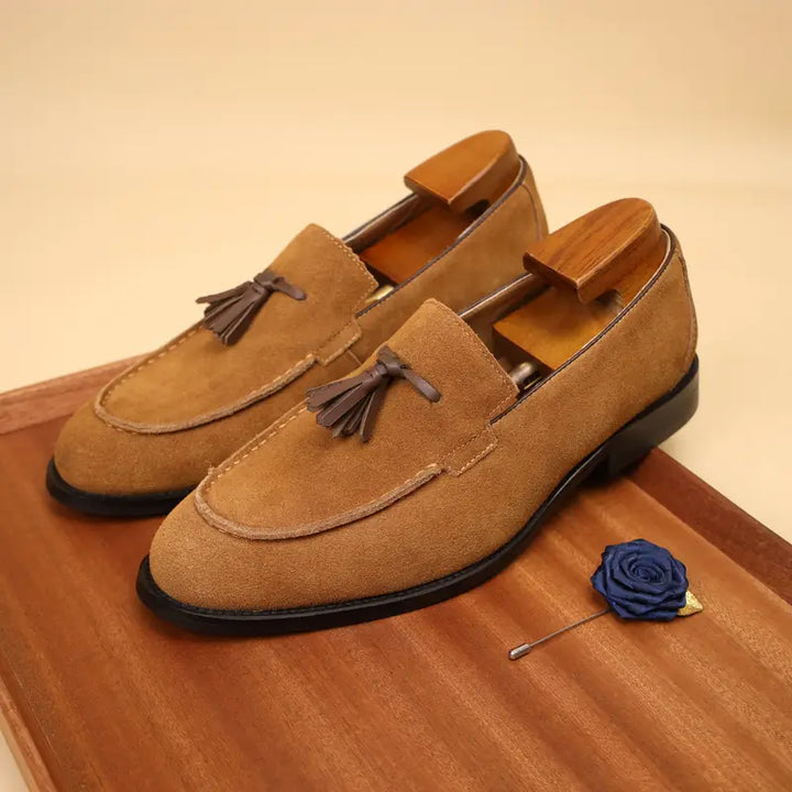 Beige men's vintage slip-on loafers, ideal for formal or casual wear. Comfortable & anti-slip dress shoes.