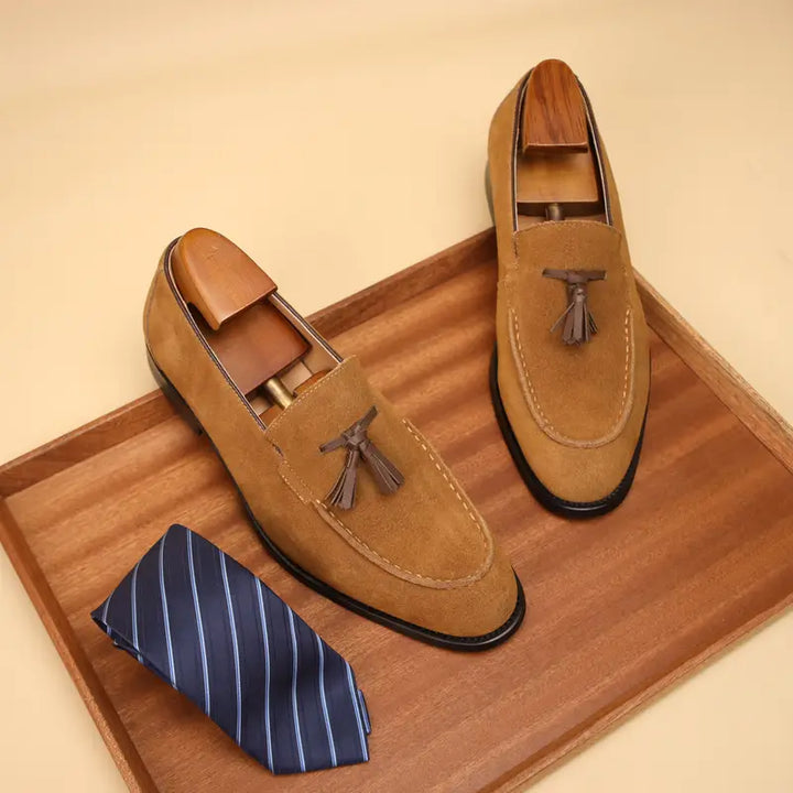 Beige men's slip-on loafers, vintage-inspired for both casual and formal outfits. Comfortable men's shoes.