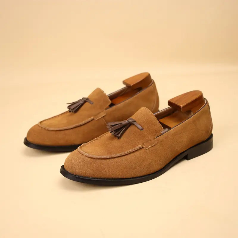 Men's vintage slip-on loafers. Comfortable brown/beige dress shoes with anti-slip feature for elevated style.