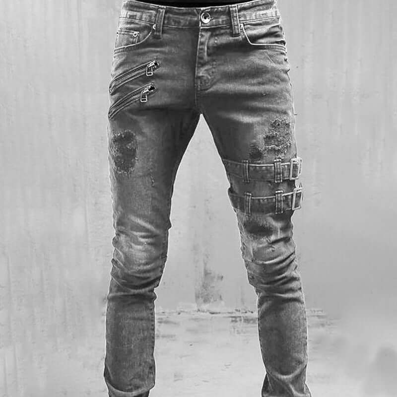 Stylish men's vintage buckle detail jeans. Straight leg denim for an authentic punk, edgy, and casual fashion.